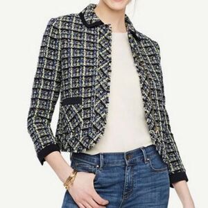Ann Taylor Tweed Blazer Jacket Blue Green Cream Plaid Zip Front Collared 12 EUC